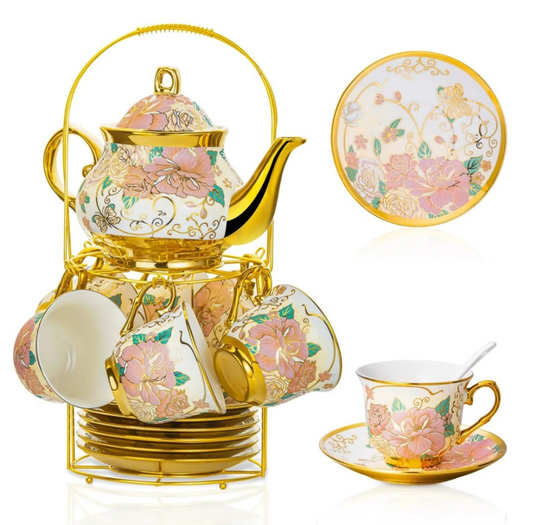 Ceramic 20 Pieces European Ceramic Tea Set for Adults With Metal Holder and Flower Painting (Cream) fancy