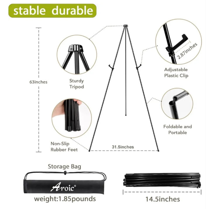 AROIC 63" Easel Stand for Display, 3 Pack Portable Foldable Metal Easel, Easels for Signs Wedding Logos,Arts, Painting,Adjustable Floor Easels with 3 Storage Bag