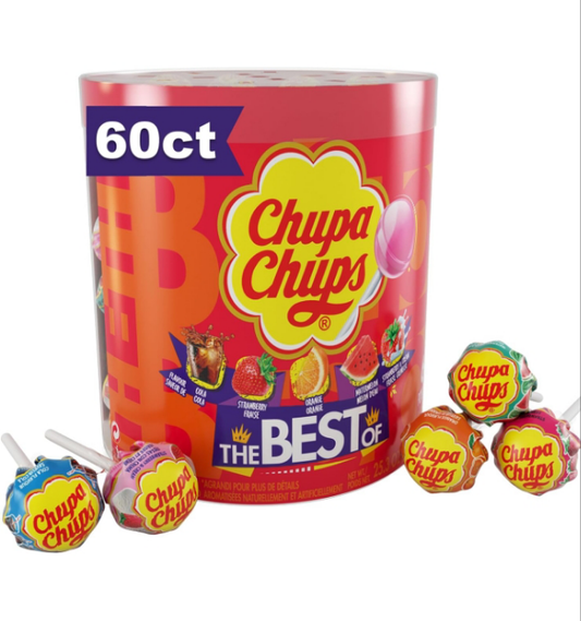 Chupa Chups ‘Best Of’ Candy Lollipop Variety Assortment, 5 Flavors, Individually Wrapped, Bulk Holiday Christmas Party Favors for Adults & Kids, 25.3 oz Drum (60 Suckers)