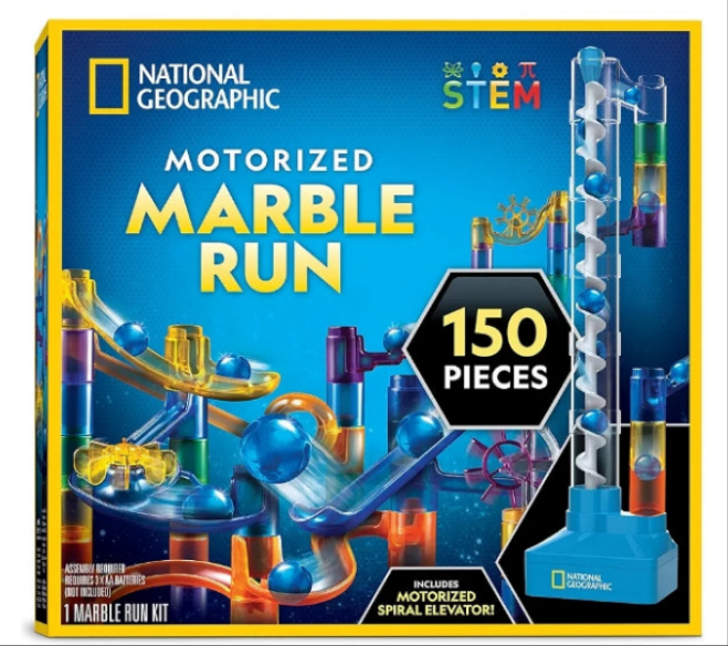 National Geographic Marble Run with Motorized Elevator - 150-Piece Marble Maze Kit with Motorized Spiral Lift, 30 Marbles, Storage Bag & More, Perpetual Motion Machine, Marble Game, Kids Physics Toys