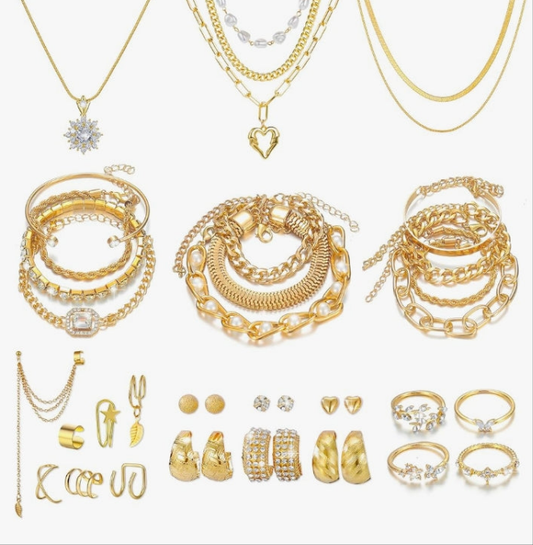 Gold Jewelry Sets for Women, Necklaces Bracelets Hoop Earrings Stackable Rings Jewelry Set，Fashion Outfit Accessories Costume Jewelry MultiPack Birthday Christmas Gifts for Women