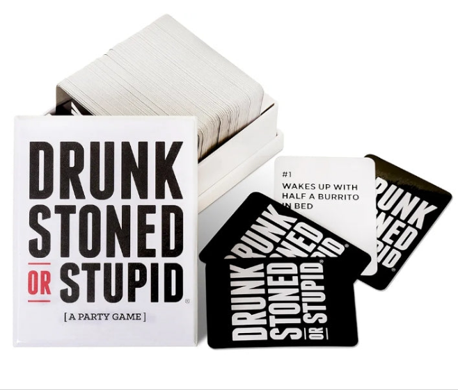 DRUNK STONED OR STUPID game includes 250 cards to decide who in the group is most likely to... "#1 Wake up with half a burrito in bed", "#27 Have 20-minute conversation with Siri" and "#147 Shame people for going to bed".