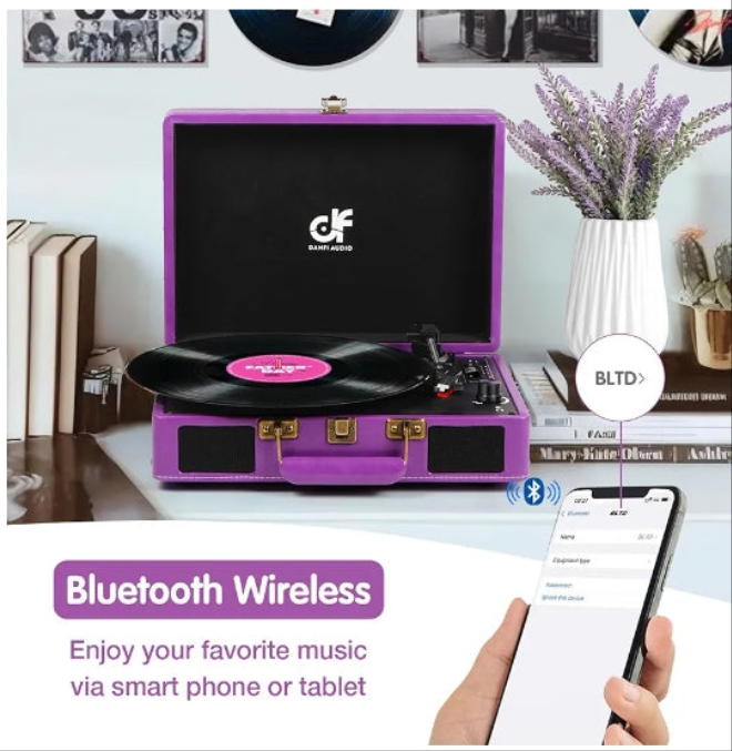 Bluetooth Suitcase Record Player with Built-in Speakers, 3 Speed Portable Turntable with USB Vinyl Audio Recorder RCA AUX-in & Headphone Jack