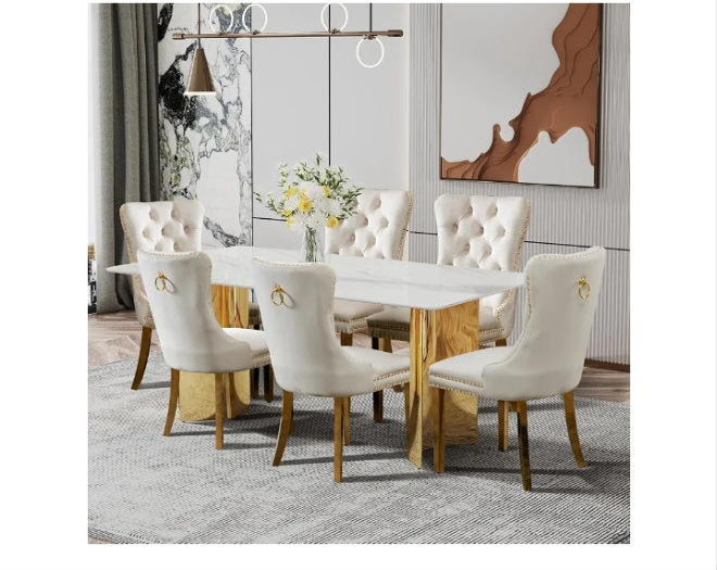 Dining Table Set for 6, White Imitation Marble Glass Desktop with Golden-Plated Base, 71'' Kitchen Table and Upholstered Dining Chairs (1 Table with 6 Blue Velvet Dining Chairs)