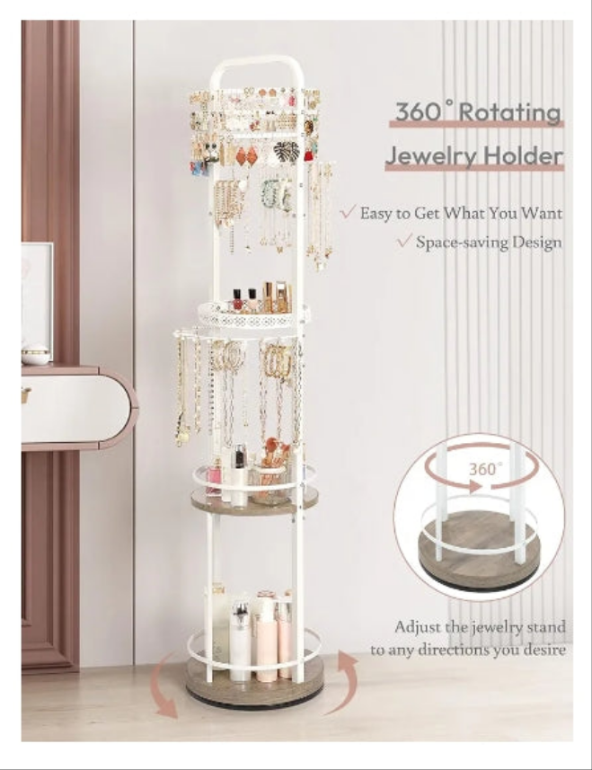 Jewelry Holder Organizer, Floor Jewelry Organizer with Earring Organizer Necklace Holder, Rotating Jewelry Stand Necklace Display Earring Storage, Large Hanging Jewelry Tree for Jewlery Bracelet Ring