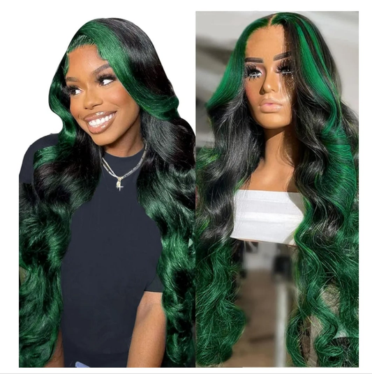 Green Ombre Lace Front Wig Human Hair Highlight Green Lace Front Wig Pre Plucked 13x4 Body Wave Lace Frontal Wig Black and Green Skunk Stripe Human Hair Wig Glueless Colored 18 Inch 150% Density