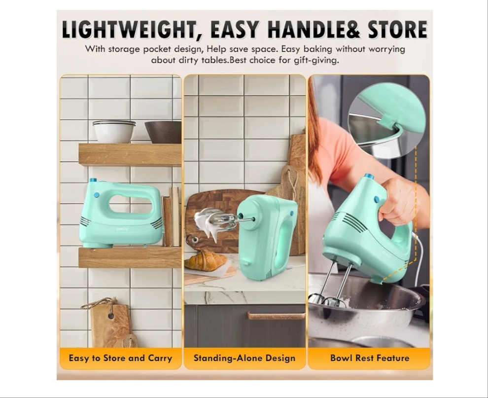 Electric Hand Mixer with Stainless Steel Whisk, Dough Hook Attachment and Storage Bag, Handheld Mixer for Baking Cakes, Eggs, Cream Food Mixers. Turbo Boost /5 Speed Kitchen Blender