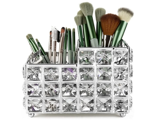 Crystal Makeup Brush Holder, One-Piece Square Brush Organizer, Cosmetics Brush Storage Container for Table, Dresser, Bathroom, Bedroom Organization