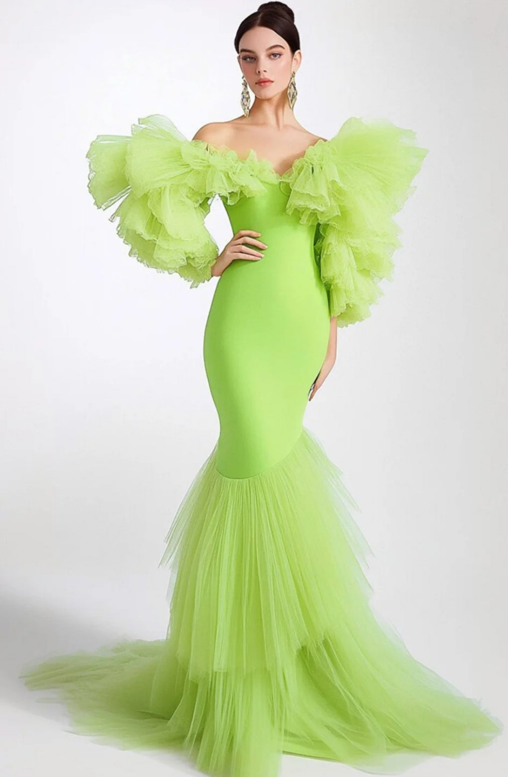 Off Shoulder Mesh Ruffle Sleeve Tiered Maxi Dress-Green [Custom-Made] COCOMONEY