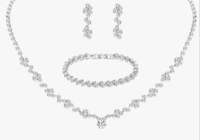 Crystal Wedding Jewelry Set, Silver Necklace Earrings Bracelet Crystal Bridal Wedding Jewelry Sets for Brides Bridesmaid Prom Costume Accessories