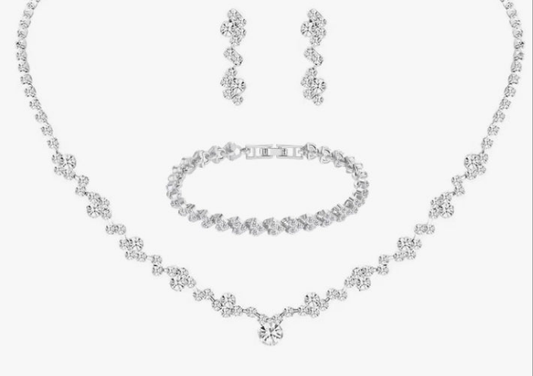 Crystal Wedding Jewelry Set, Silver Necklace Earrings Bracelet Crystal Bridal Wedding Jewelry Sets for Brides Bridesmaid Prom Costume Accessories