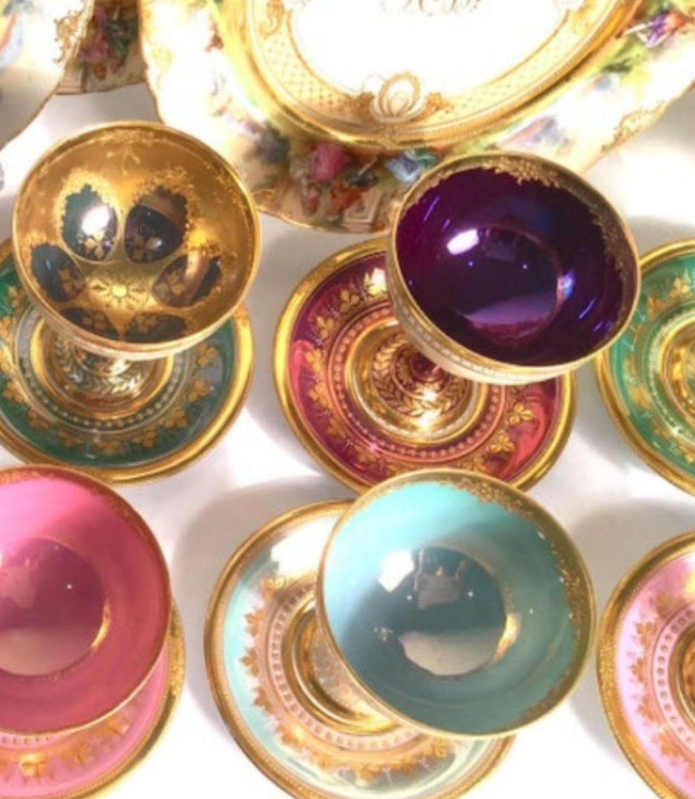 Dresden Ambrosius Lamm Footed Cups and Dessert Plates Set for 10 Hand Painted