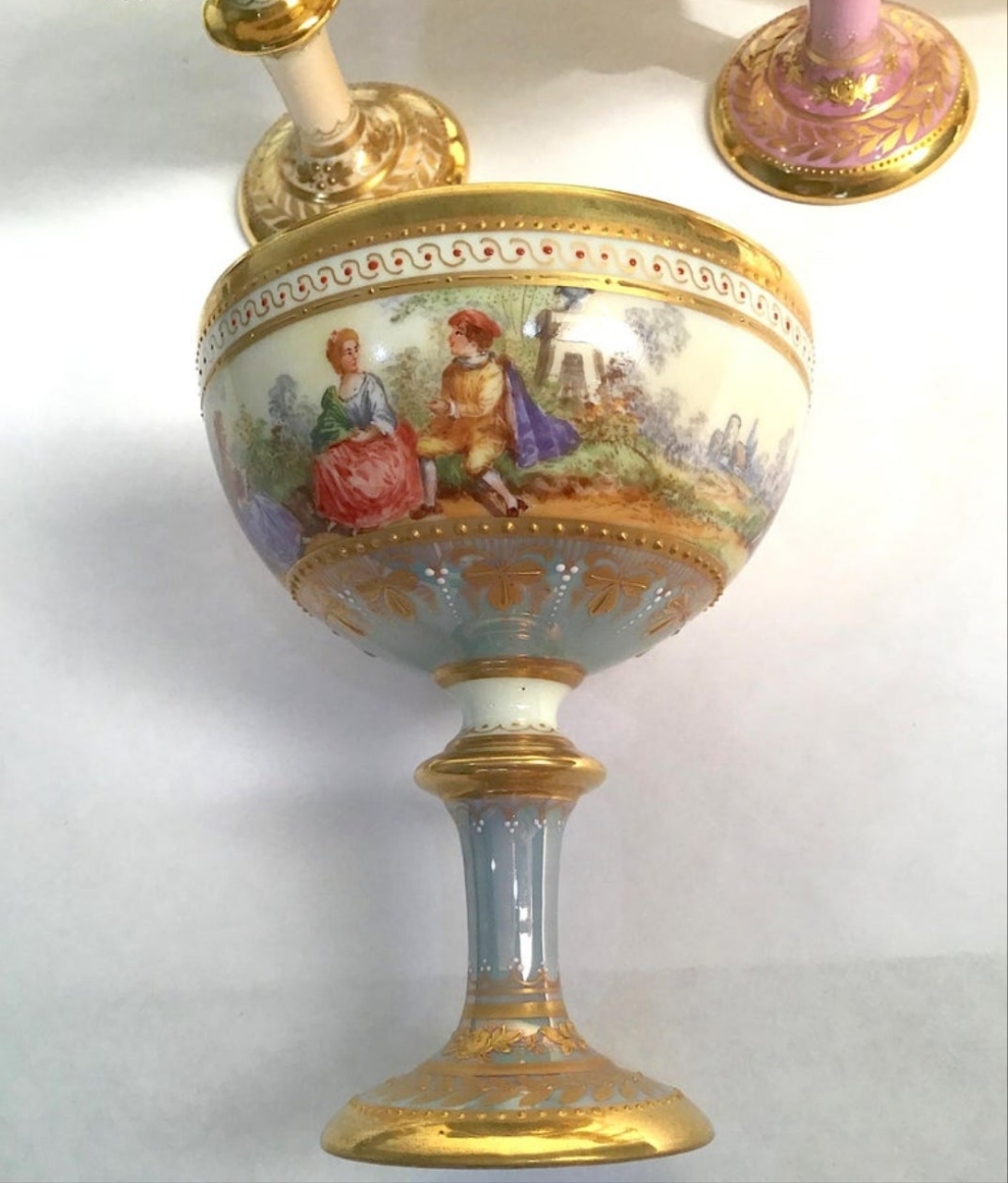 Dresden Ambrosius Lamm Footed Cups and Dessert Plates Set for 10 Hand Painted