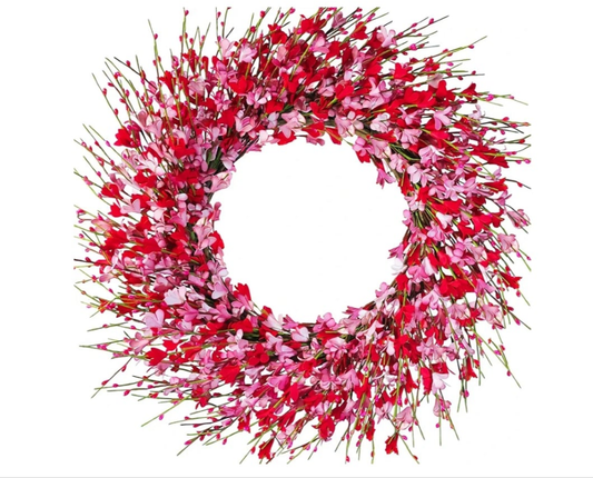 Wreath for Front Door, 20in Artificial Red Pink Forsythia Flower Berries Wreaths for Front Door, Farmhouse Hanging Wall Decor