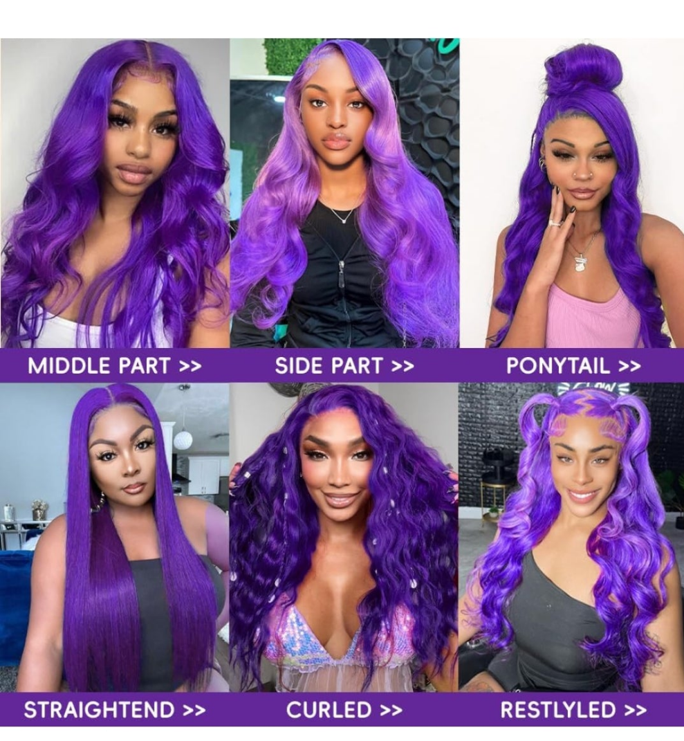 COCOMONEY Purple wig Human Hair Body Wave Human Hair Wig Pre Plucked 200 Densily Purple Lace Front Wig Human Hair 13x4 HD Lace Frontal wig 24 Inch