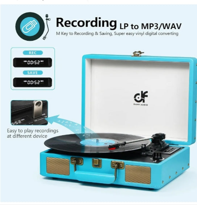 Bluetooth Suitcase Record Player with Built-in Speakers, 3 Speed Portable Turntable with USB Vinyl Audio Recorder RCA AUX-in & Headphone Jack