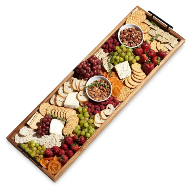 Longboard Platter with Handles, Rectangular Cheese Board and Home Decor Tray, Dining Table Accessories Acacia Wood Set of 1