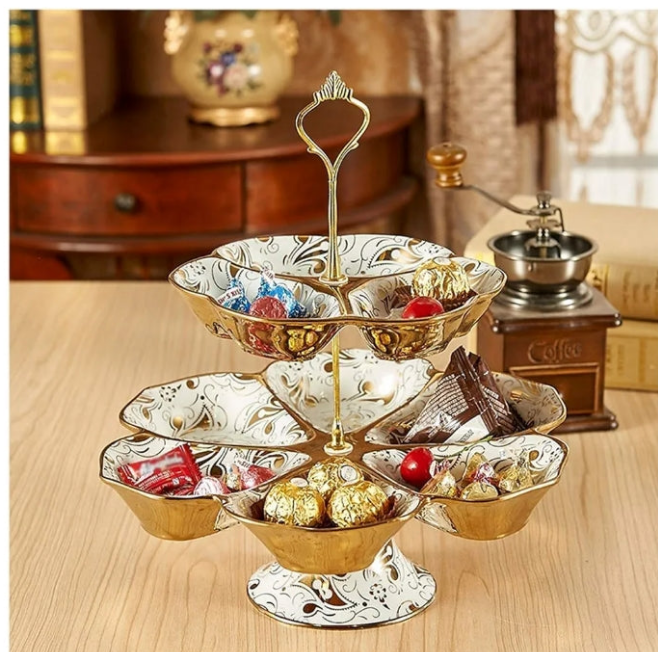 GOLD PLATED Fruit Basket Cupcake Stand Party Tray Fruit Bowl European Gold-Plated Ceramic Living Room Dried Fruit Candy Dish Multi-Layer Grid Tray Household 2 Layer Fruit Plate