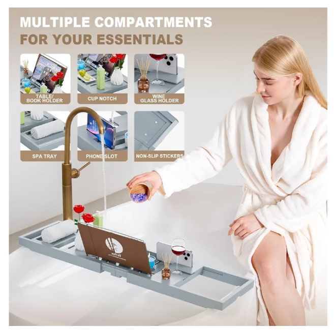 Bamboo Bathtub Tray Caddy, 1 or 2 Person Expandable Wooden Bathroom Tray, Luxury Bamboo Bathtub Tray Expandable, Bath Tub Table Caddy with Extending,