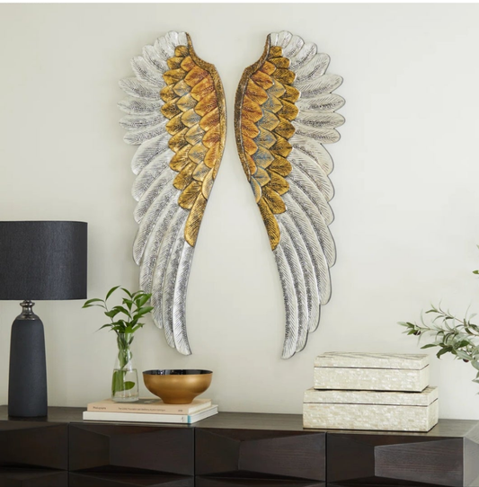 Wood Carved Angel Wings Bird Gold Wall Decor with Gold Accents Set room Decor