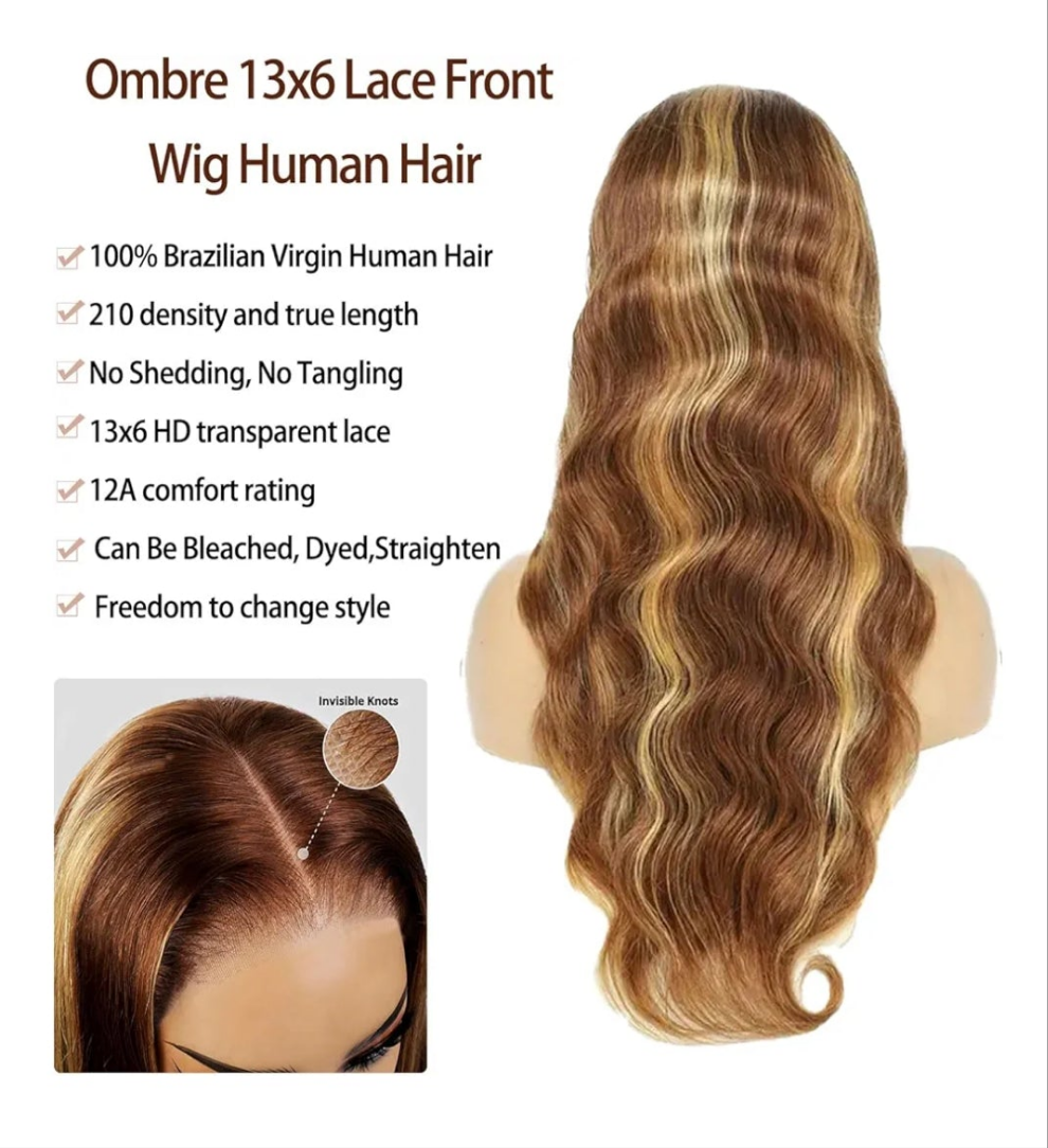 Real Human Hair Wig 30 Inch Ombre 13x6 Lace Front Wig Human Hair 210% Density 4/27 Highlight Wigs Honey Blonde Body Wave Lace Front Wig Pre Plucked HD Frontal Wig Glueless Wigs