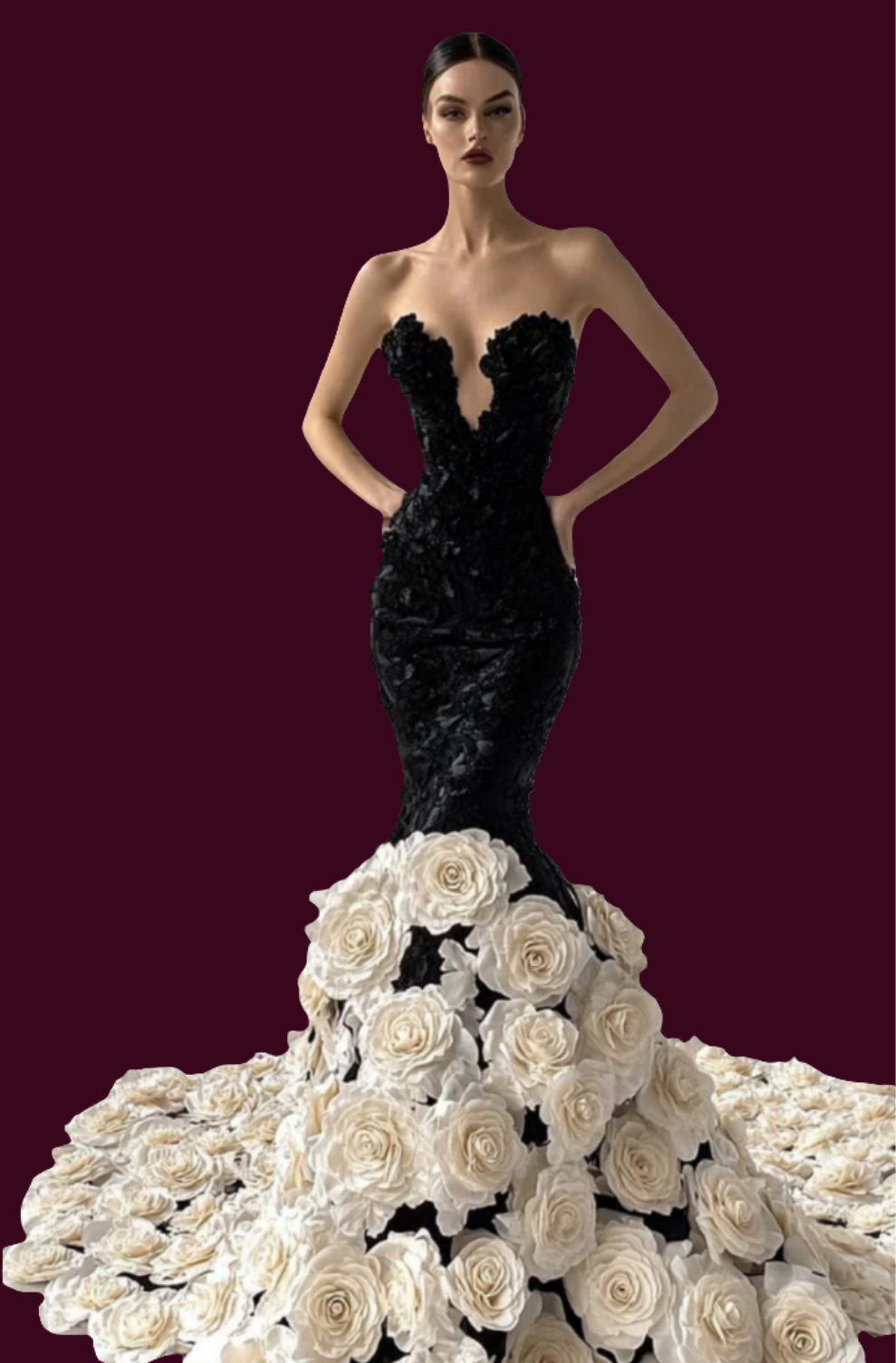 Hand Sewn Stereo Floral Fishtail Maxi Dress-Black [Custom-Made] COCOMONEY