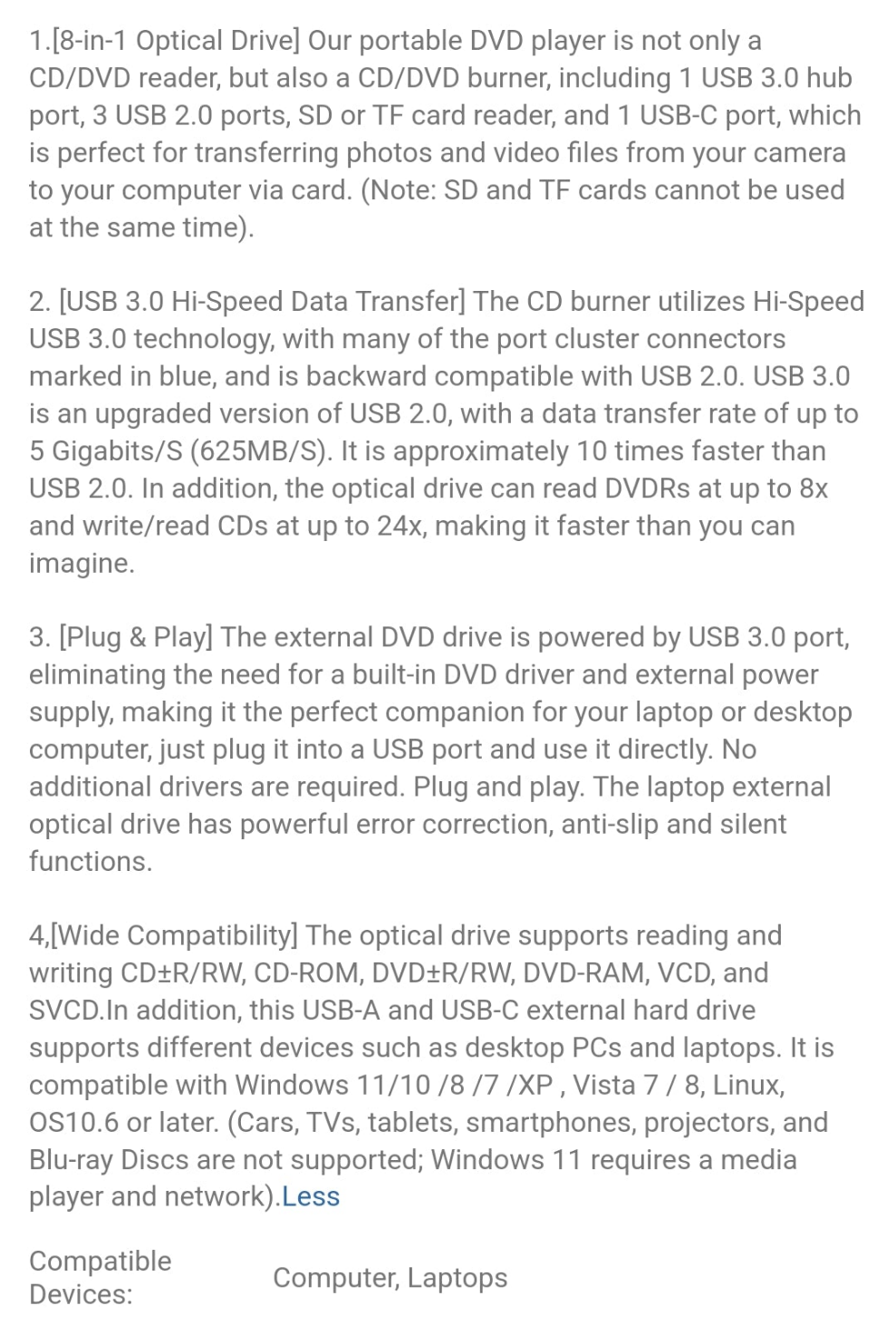 8-In-1 Portable External DVD Drive - High-Speed CD/DVD+/-RW Writer With USB 3.0/2.0, USB-C, SD Card Reader, Ultra-Fast Data Transfer, Ultra-Slim Design For Notebook, Desktop, Windows, Linux - Compact, Lightweight And Portable