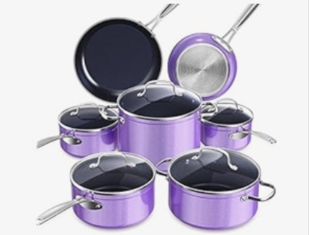 Ceramic Nonstick Cookware Set, Diamond Infused Scratch-Resistant, PFAS Free, Dishwasher & Oven Safe, Induction Ready & Evenly Heats, Tempered Glass Lids & Stay-Cool Handles