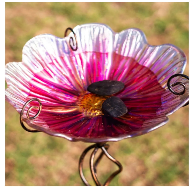 31 Inch Height Glass Birdbath Birdfeeder with Metal Stake Garden Yard Outdoor