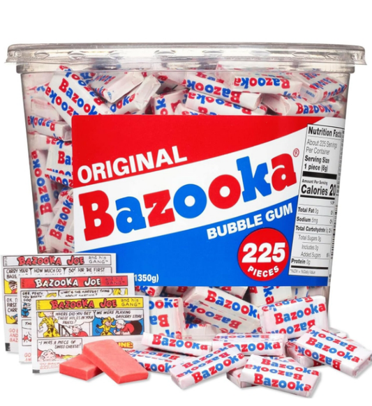 Bazooka Bubble Gum Individually Wrapped Pink Chewing Gum in Original Flavor - 225 Count Bulk Bubble Gum Tub - Fun Old Fashioned Candy for Kids