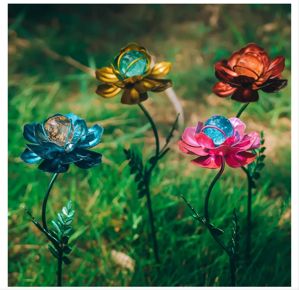 4 Pack Flower Garden Stakes Decor, 12.9 inch Metal Flowers Outdoor Decor Waterproof Metal Flower Sticks for Patio, Lawn, Yard Decorations