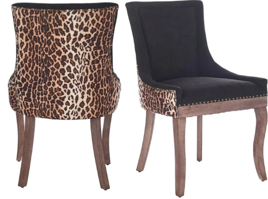 Upholstered Side Chairs Set Farmhouse Solid Wood Kitchen Dining Room Chairs with Nailheads Legs (Black and Leopard Print)