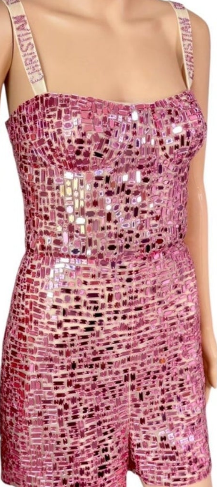 Christian Dior S/S 2018 Runway Embellished Mirror Logo Pink Jumpsuit Romper