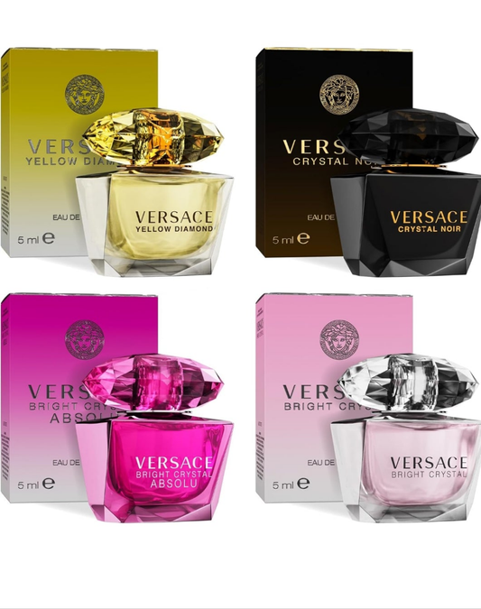 Versace Perfume for Women Set of 4 Mini, Bright Crystal, Yellow Diamond, Crystal Noir, Bright Crystal Absolu, Perfume for Women Fragrance Sampler Set Designer Womens Samples (4 Count, 0.17 oz)