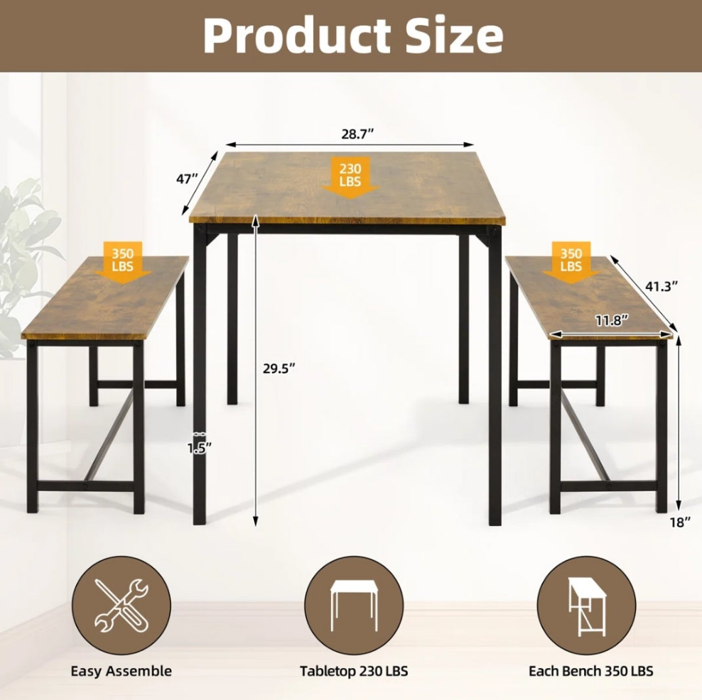Dining Table Set For 4-6, Ultra-Long Kitchen Table With 2 Benches For Dining
