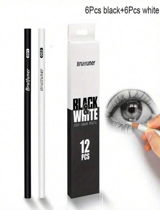 12pcs Black/White Oil-Based Colored Pencil Set, Black/White Pencils Included, Sketch Charcoal Pencils Set, Soft/Medium/Hard Drawing Pencils, Exclusive Sketching Art Supplies wood