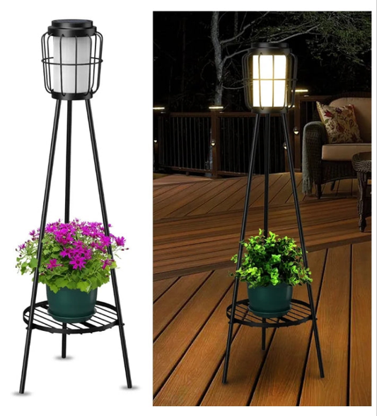 2 Pack Solar Lights Outdoor with Plant Stands, Solar Floor Lamp, Solar Powered Street Lights Metal Tripod Deck Lights, Patio Decor for Garden Yard Pathway Driveway Porch