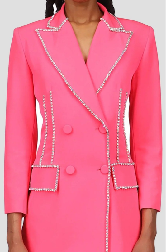 COCOMONEY Lapel Double-breasted Rhinestone Decor Blazer Dress-Hot Pink