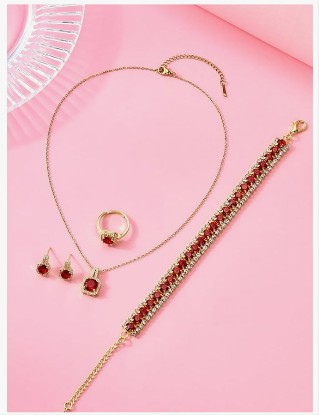 4pcs Gold plated Cubic Zirconia Wedding Jewelry Sets for Bride Bridesmaid Cubic Zirconia Pendant Necklace Earrings Link Tennis Bracelet Open Ring Set for Women Birthday/Valentine's Day/Mother's Day/Christmas