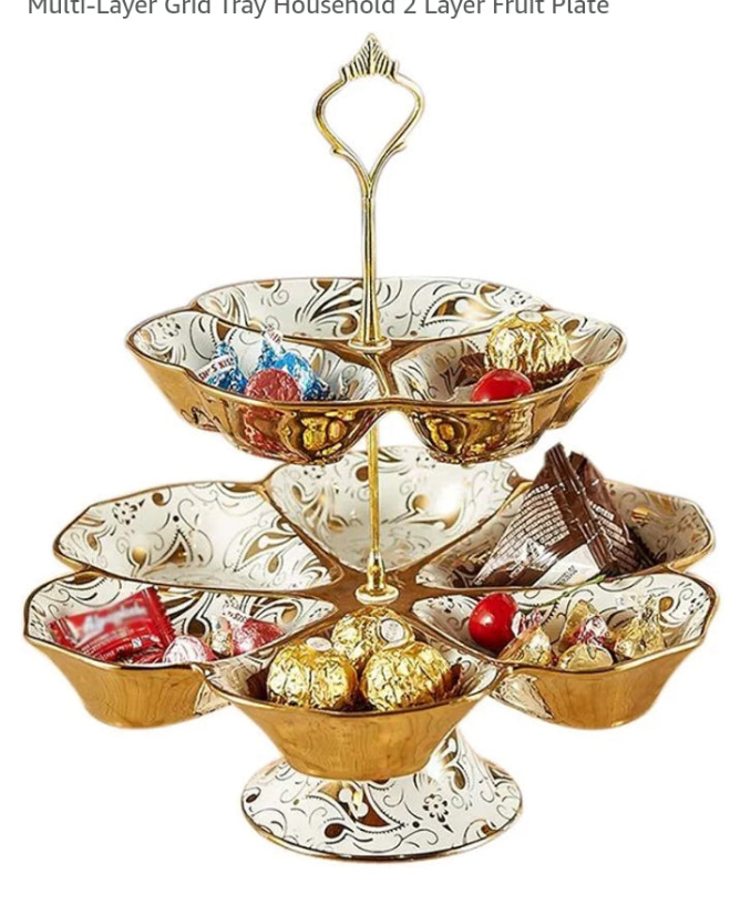 GOLD PLATED Fruit Basket Cupcake Stand Party Tray Fruit Bowl European Gold-Plated Ceramic Living Room Dried Fruit Candy Dish Multi-Layer Grid Tray Household 2 Layer Fruit Plate