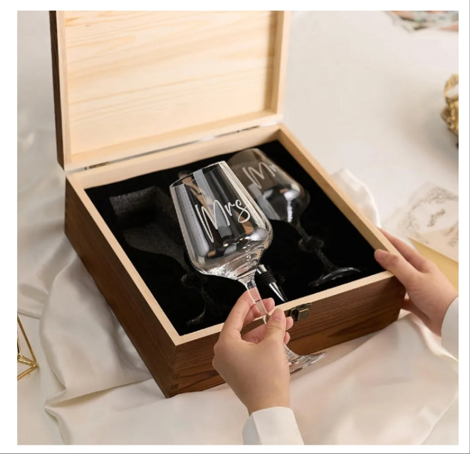 Engagement Gifts for Couples Anniversary Wedding Gifts Bridal Shower Gifts - Mr and Mrs Wine Glasses with Engraved Wooden Keepsake Box