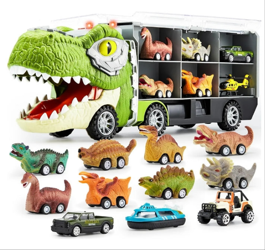Big Dinosaur Transport Carrier Truck with Mini Dinosaur Car Set
13 in 1 DINOSAUR TRUCK: Our unique designed tyrannosaurus transport truck includes 1 big dinosaur carrier truck with sound button, lights，8 mini dinosaur pull back cars，3 mini Die-cast dinosa