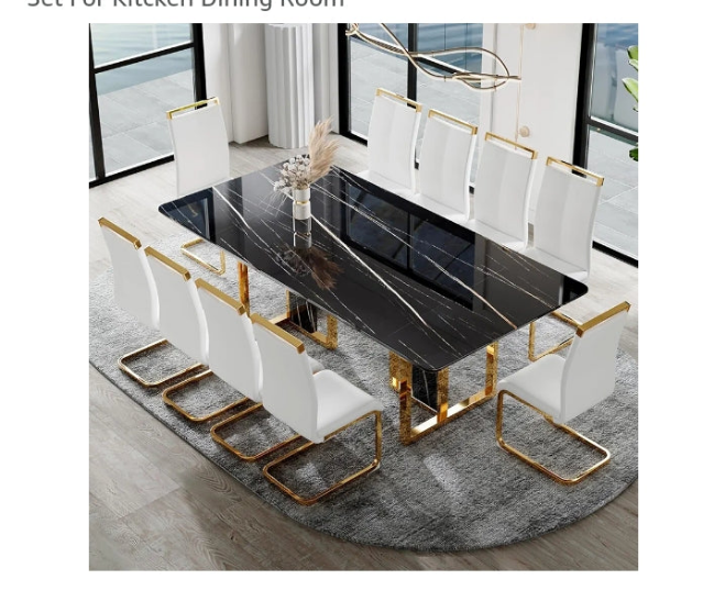 79in Dining Table Set For 10,Kitchen Table Chairs Set With Glossy Faux Mareble Table Top ,Black Rectangle Dining Room Table Set For 10,11 Piece Kitchen Table And Chairs Set For Kitcken Dining Room