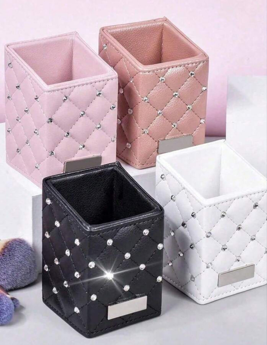 1pc PU Leather Waterproof Glitter Makeup Organizer, Holds Makeup Brushes, Lipstick, Makeup, Tweezers, Eyelash Curler - Cosmetic Storage Organizer For Vanity