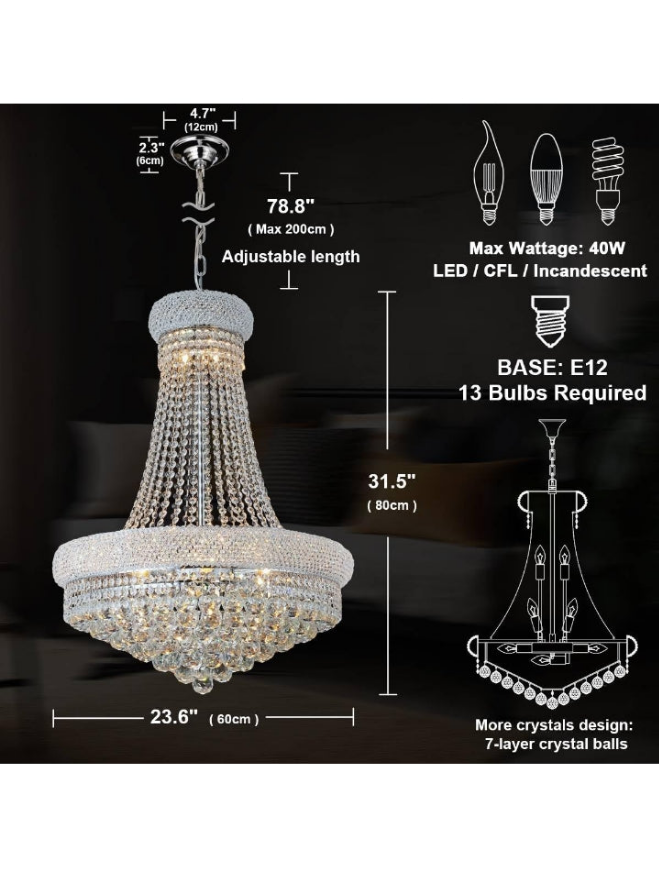 13-Lights Chrome Finish Classic Empire Style K9 Crystal Chandelier Ceiling Light for Living Room Foyer Dining Room Hallway Bedroom (24×31.5 inch) New Packaging Easy to Install