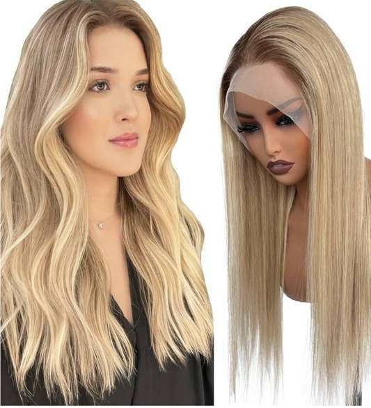 13x6 Lace Front Wigs Human Hair Brown Roots to Golden Blonde Balayage Blonde Wig Human Hair Highlights Glueless HD Lace Front Wigs Human Hair Pre Plucked 22 Inch Lace Front Wigs for White Women