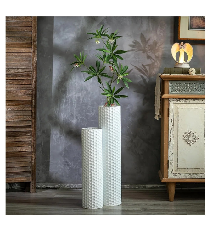 Tall Floor Vase: 27.6/21.7in Metal Cylinder Vases Extra Large Decorative Vase Set of 2 Living Room Modern Honeycomb Texture Big Standing Vase for Dining Bedroom Home Corner Indoor Office