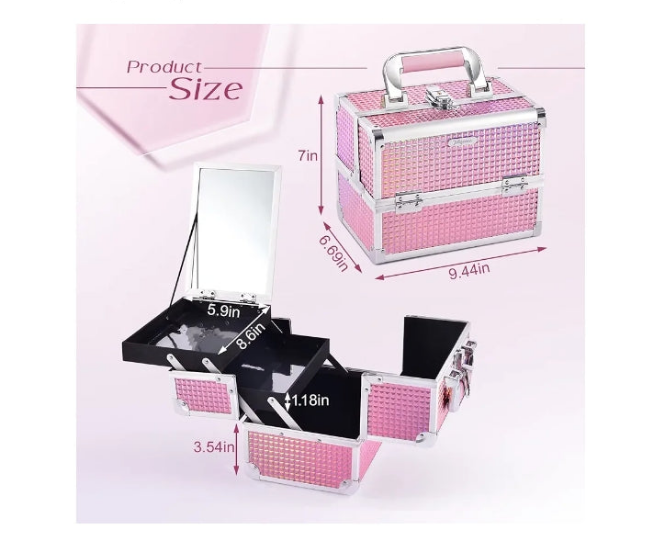 Makeup Train Case Cosmetic Box 2-Tier Tray Jewelry Storage Organizer with Mirror Key Lock Portable Carrying Makeup Box