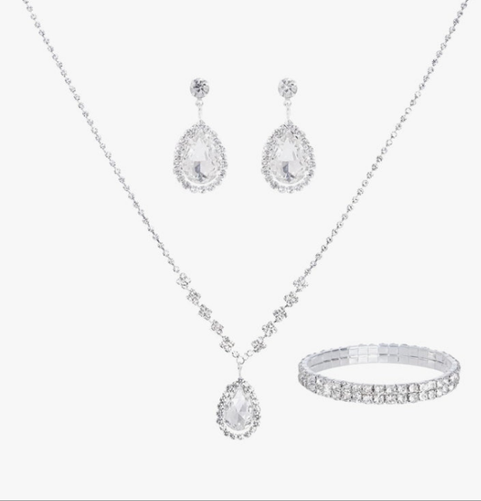 Women Jewelry Set Silver Necklace Earrings Bracelet Rhinestone Crystal Bridal Wedding Jewelry Sets for Brides Bridesmaid Wedding Party