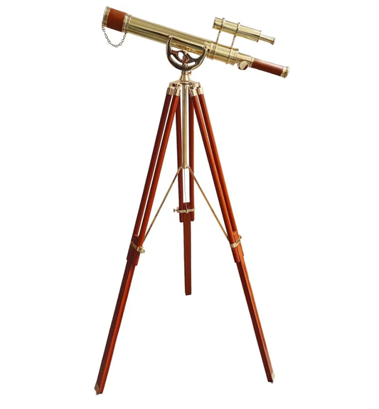 Vintage Maritime Anchor Master Telescope Shiny Brass Adjustable Wooden Tripod Royal Educational Telescopes Double Barrel Brown Leather Nautical Home Decor & Office